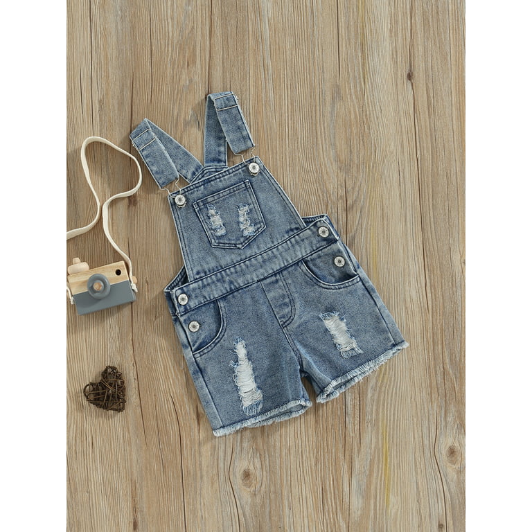 Qtinghua Toddler Baby Girl Boy Overalls Kids Adjustable Strap Jumpsuit  Romper Ripped Jeans Denim Shortalls with Pocket Blue 4-5 Years 