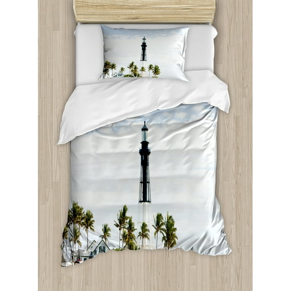 United States Duvet Cover Set, Hillsboro Lighthouse Pompano Beach Florida Atlantic Ocean Palms Coast, Decorative 2 Piece Bedding Set with 1 Pillow Shams, Twin Size, Blue White Green, by Ambesonne