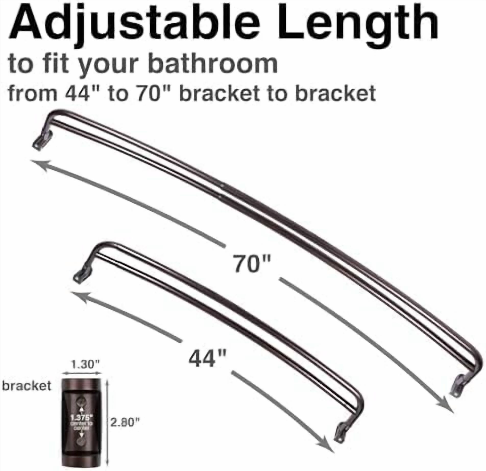 Double Curved Shower Rod, Metal Construction, Adjustable Between 44 to 70 Inches, Aluminum Rods and Zinc Mounting Hardware, Quality Modern Bathware, Oil Rubbed Bronze Finish