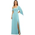 thumbnail image 1 of Vestidos de dama de honor con tirantes finos personalizados, volantes y hombros descubiertos, vestidos de noche formales largos de gasa fruncidos con abertura lateral, 1 of 5