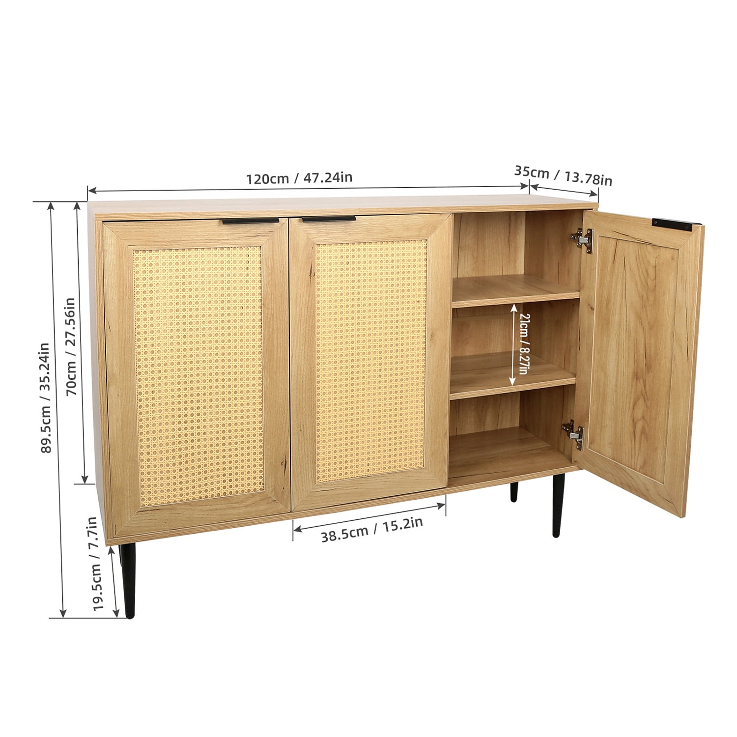 Kepooman 47.24" Wide Kitchen Storage Cabinet, Accent Storage Cabinet with 3 Rattan Doors, Sideboard for Bedroom with 3-Tier Shelving, Natural Kepooman 47.24" Wide Kitchen Storage Cabinet, Accent Storage Cabinet with 3 Rattan Doors, Sideboard for Bedroom with 3-Tier Shelving, Natural