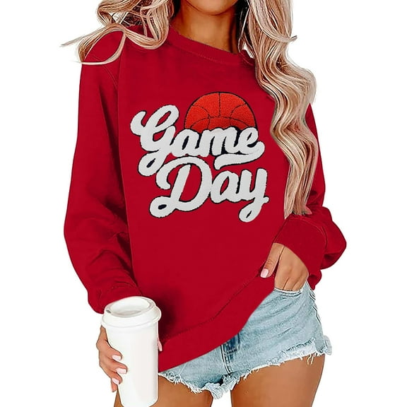Arlun Sweatshirts for Women Fashion Game Day Letter Printed Basketball Graphic Sweatshirt Long Sleeve Loose Cozy Crewneck Pullover Tops Red XL