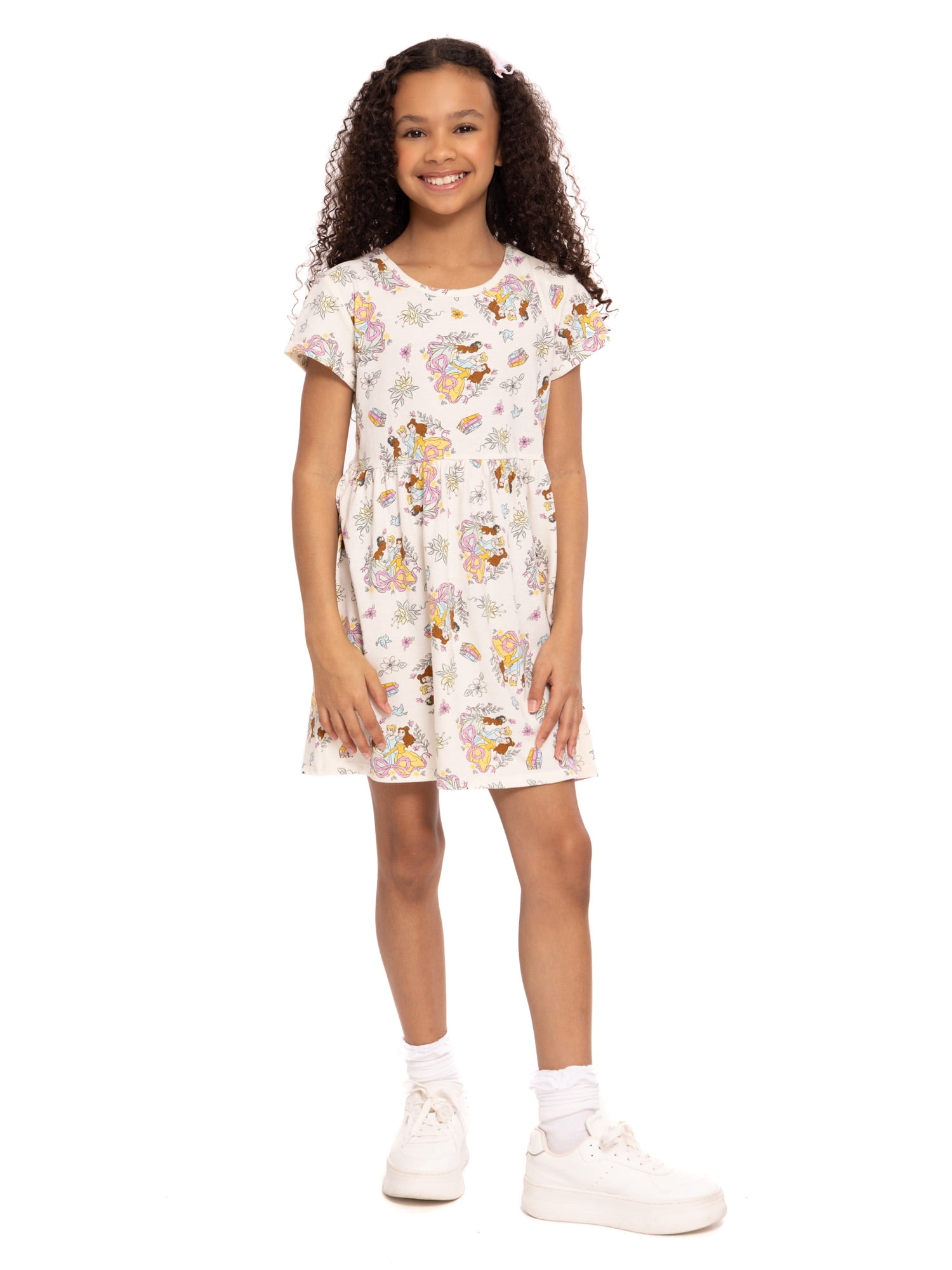 Disney Princess Girls Allover Print Dress with Short Sleeves, Sizes 4-12