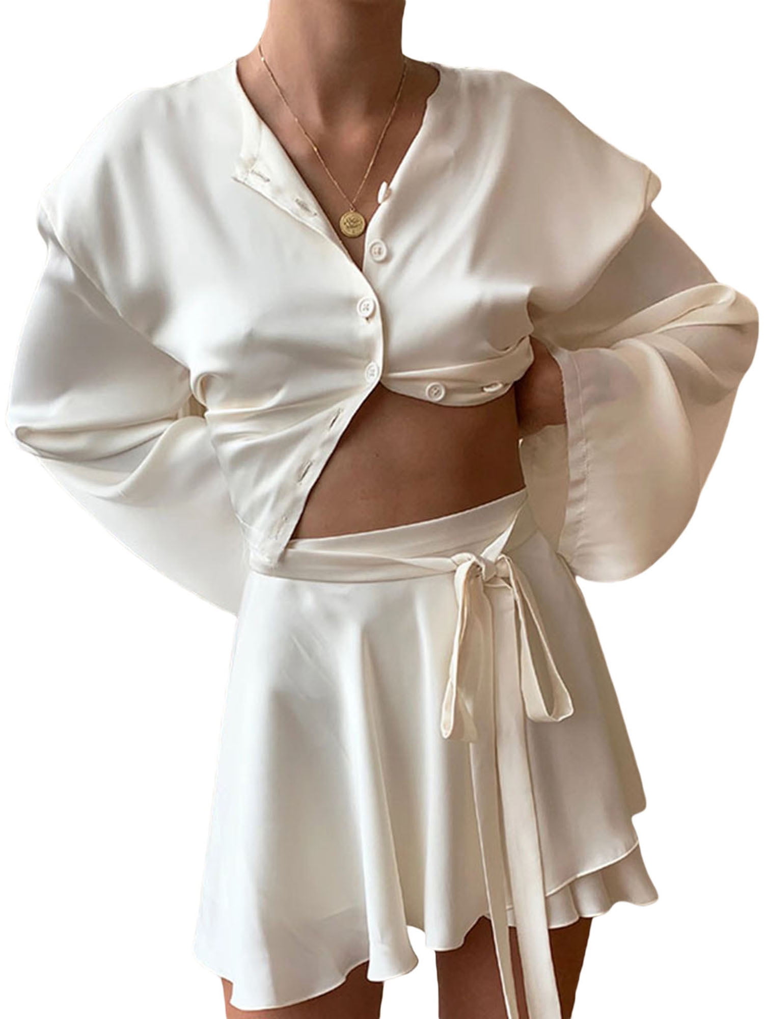 Women 2pcs Outfits Satin Long Sleeve 