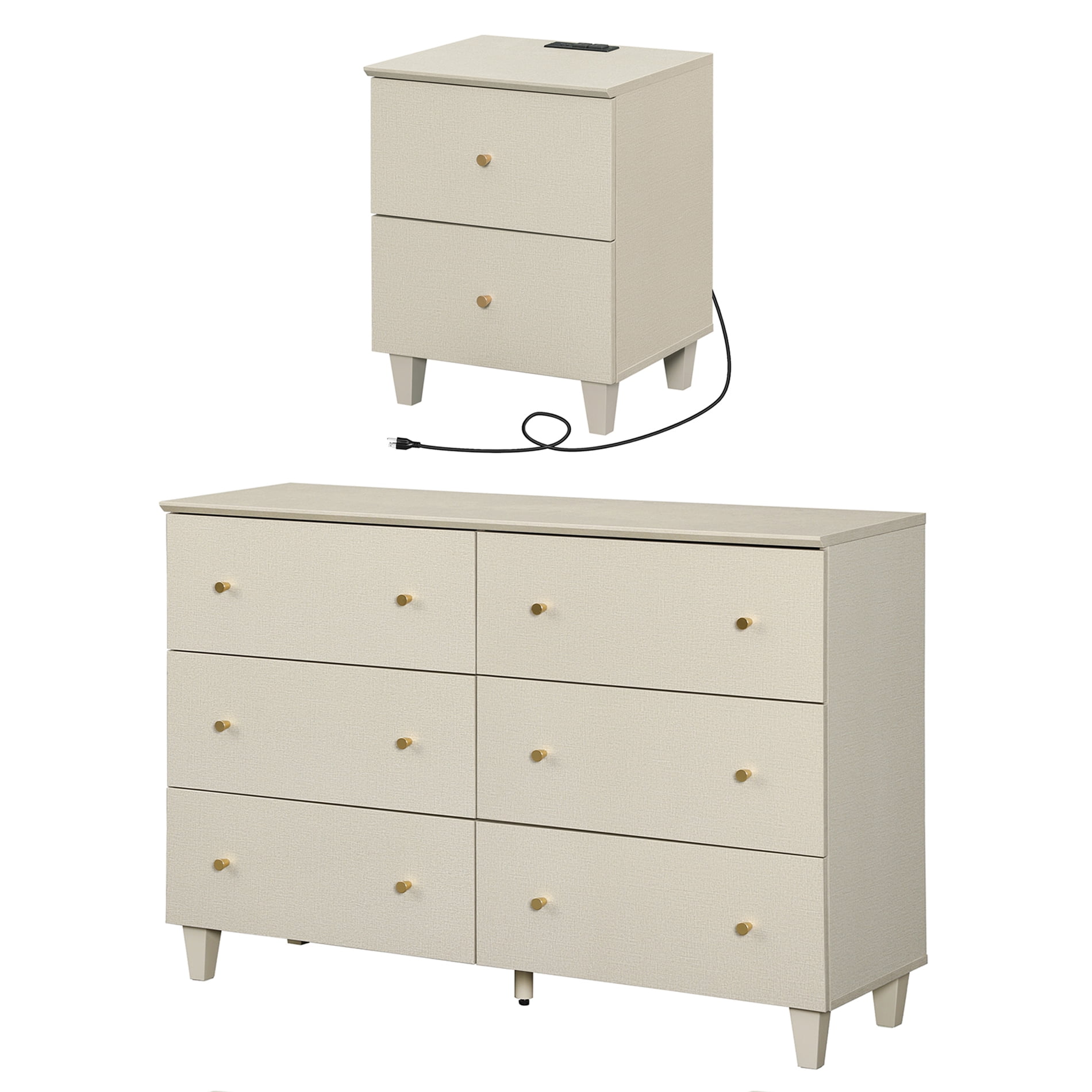 WAMPAT Dresser and Nightstand Set of 2, Wood Dresser with 6 Drawers, Nightstand with Charging Stations for Living Room, Beige Linen Printed