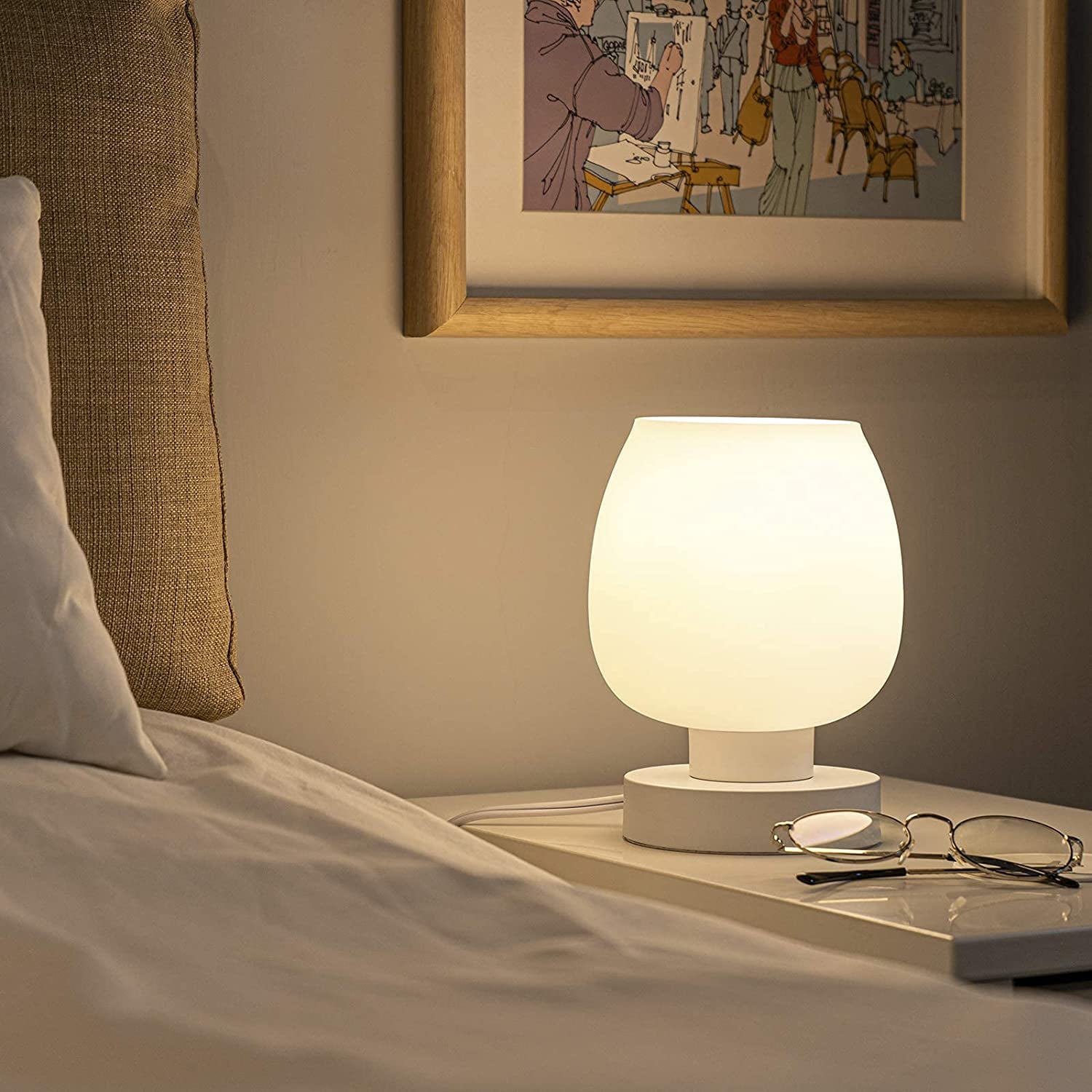 Touch Bedside Table Lamp - Modern Small Lamp for Bedroom Living Room Nightstand, Desk lamp with White Opal Glass Lamp Shade, Warm LED Bulb, 3 Way Dimmable, Simple Design