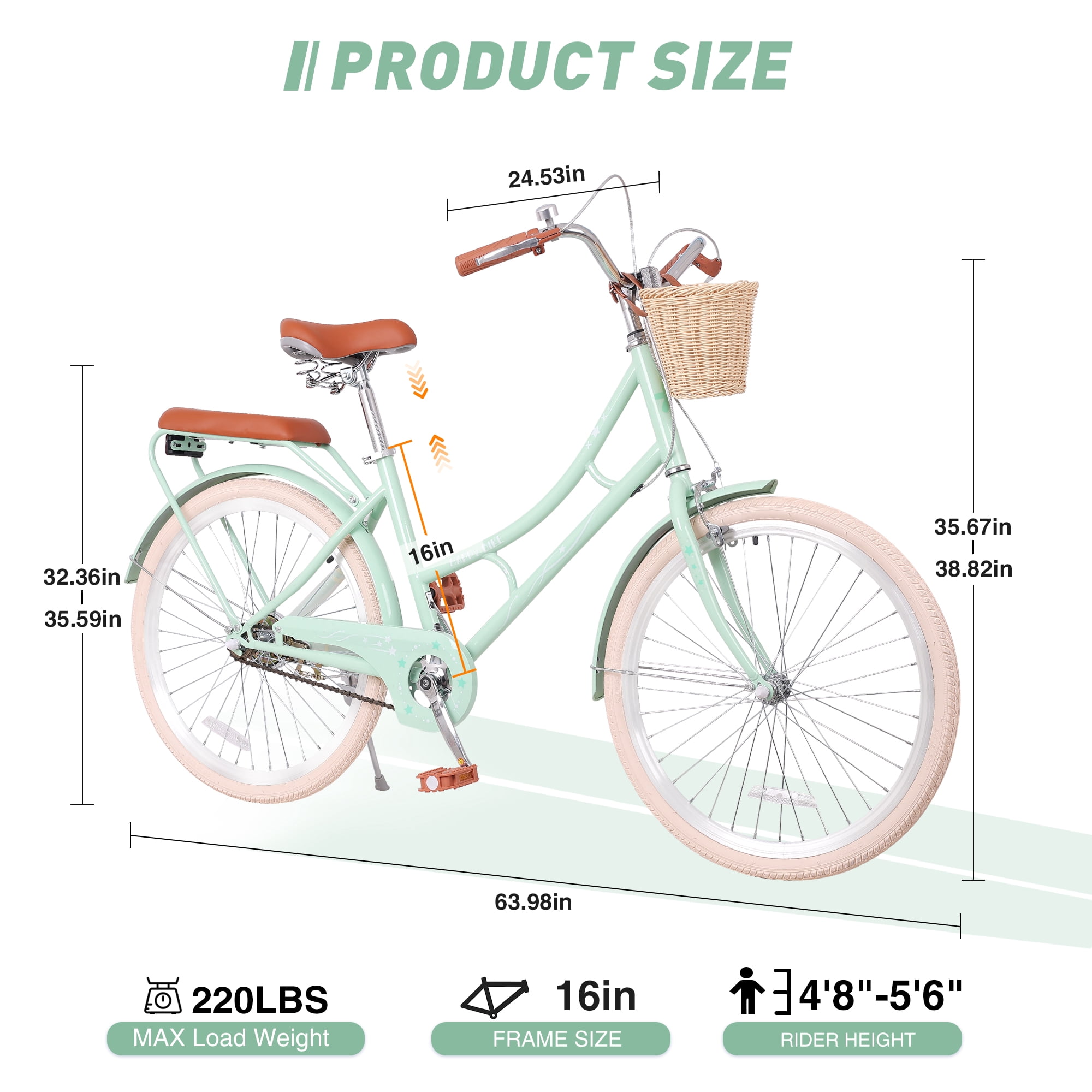 Aukfa 24" Beach Cruiser Bike with Basket & Rear Seat for Girls & Teens, Step-Through Comfort Bicycle Single Speed City Commuter,Mint Green