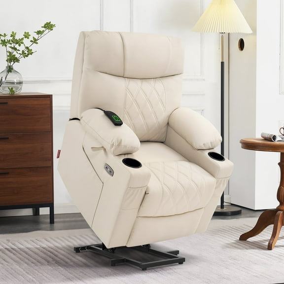 MCombo Small Size Electric Power Lift Recliner Chair Sofa with Massage and Dual Heating, Adjustable Headrest for Elderly People Petite, USB Ports, Extended Footrest, Faux Leather 7111 (Cream White)