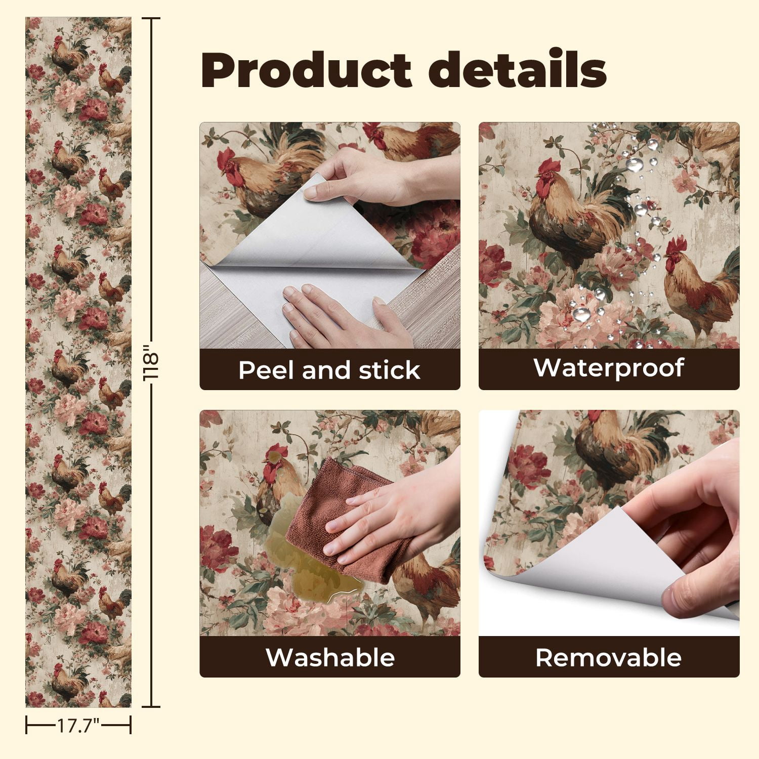 Peel and Stick Wallpaper 17.7in x 9.8ft Vintage Rooster Floral Soft Rustic Country Farmhouse Contact Paper Vinyl Waterproof Self Adhesive Wall Paper for Bedroom Shelf Cabinet Renter Friendly