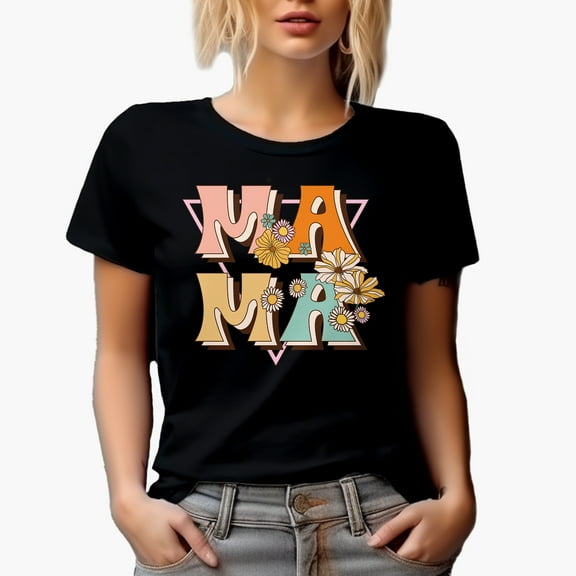 Retro Mama, Flowers Art Mother's Day Merch Gift, Black T-Shirt, Small