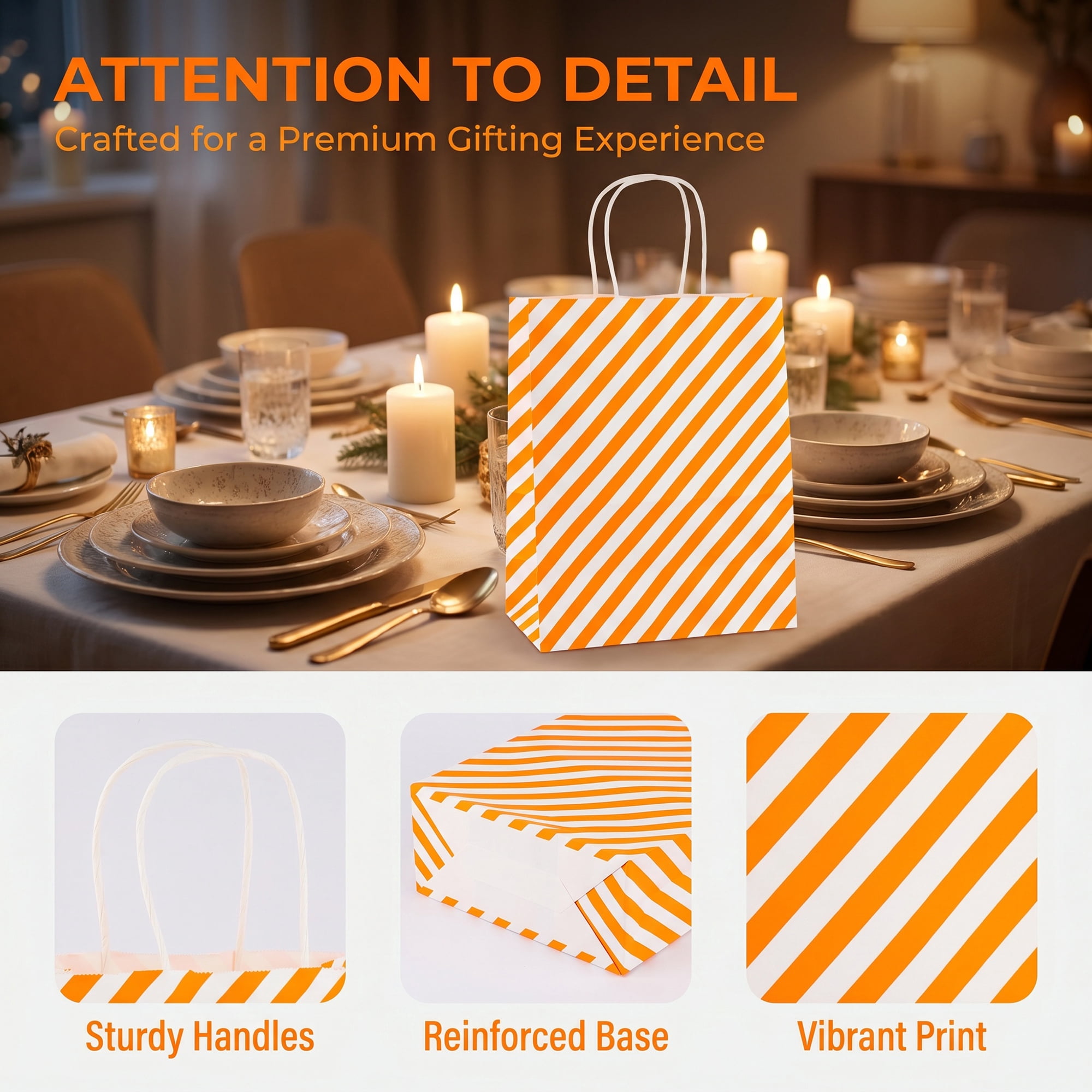 Unique Bargains 6Pcs Diagonal-stripe Gift Bag with Handles Orange 8.7" x 4.3" x 10.6"