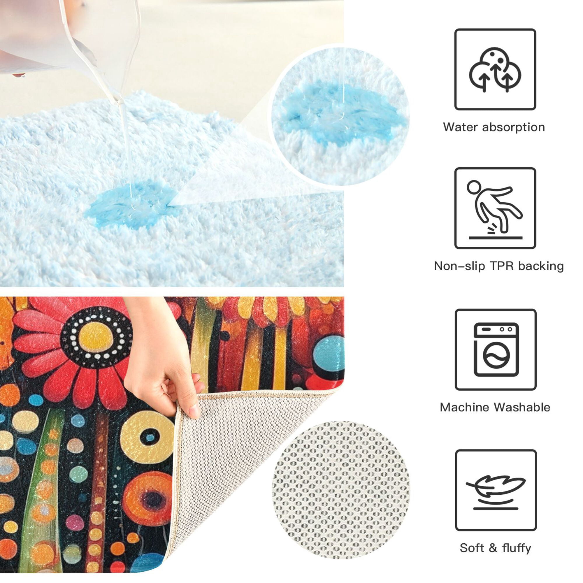 Yayeee Bath Rug for Bathroom Floor Non Slip Rectangle Fluffy Soft Absorbent Mat, 16"x24", Red Colorful Flowers with Dots