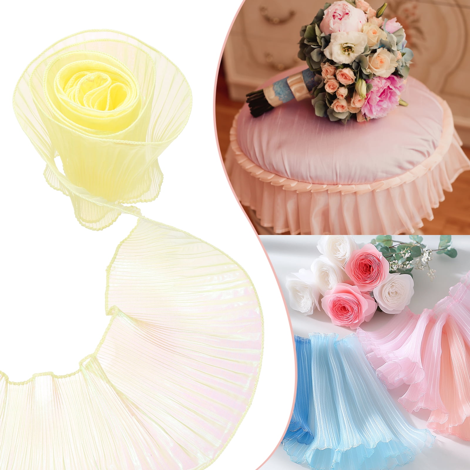 Uxcell 5.5" x 11 Yards Ruffle Pleated Organza Trim Iridescent Pleated Lace Trim Ribbon for DIY Craft Dress Clothing Wedding Gift Home Decoration, Yellow