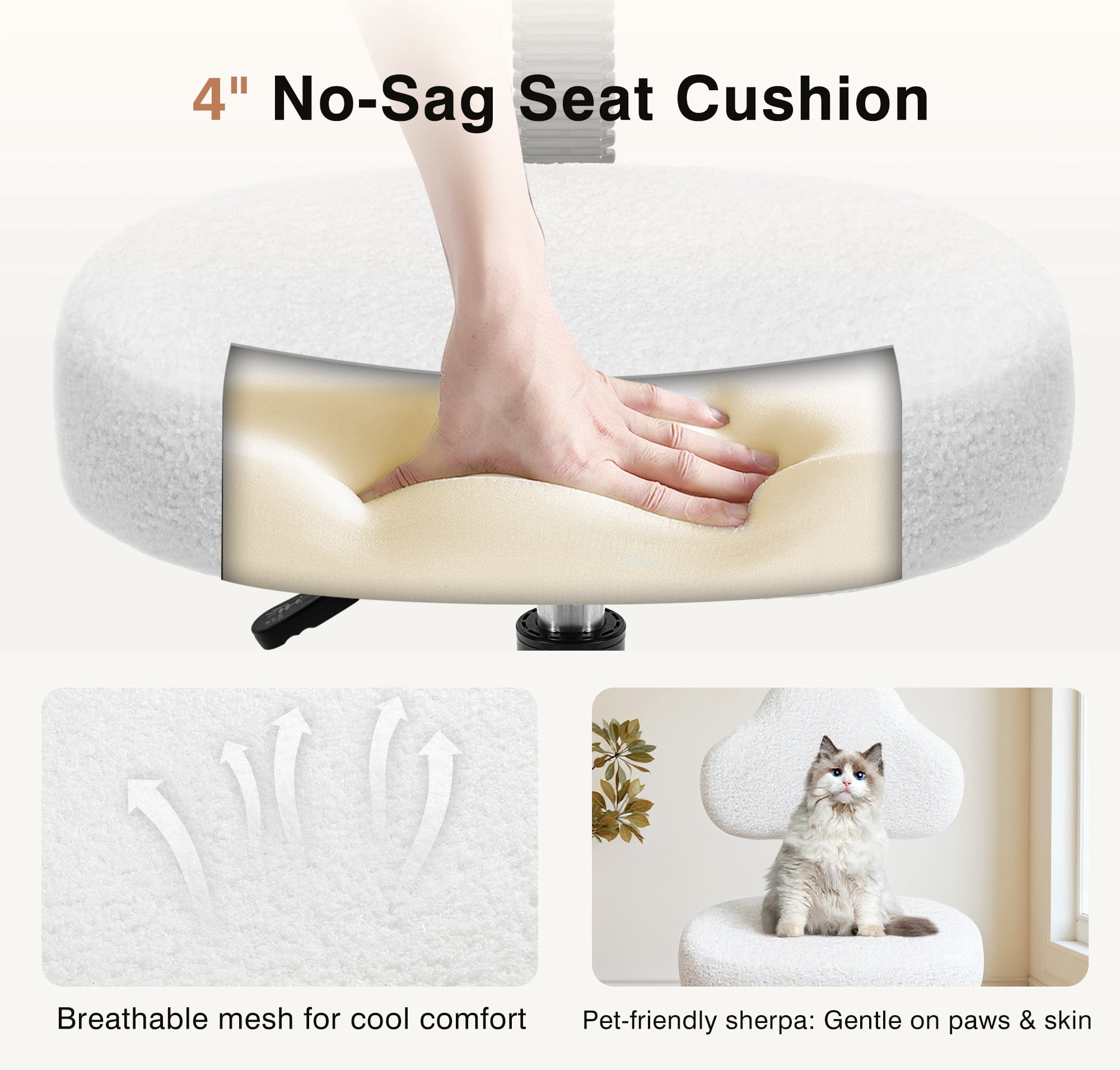 Primy Cross Legged Swivel Chair, ADHD Meditation Yoga Chair, Ergonomic Kneeling Chair for Adults with Wide Seat, 360° Swivel Retractable Footrest, Adjustable Height and Teddy Fabric, White