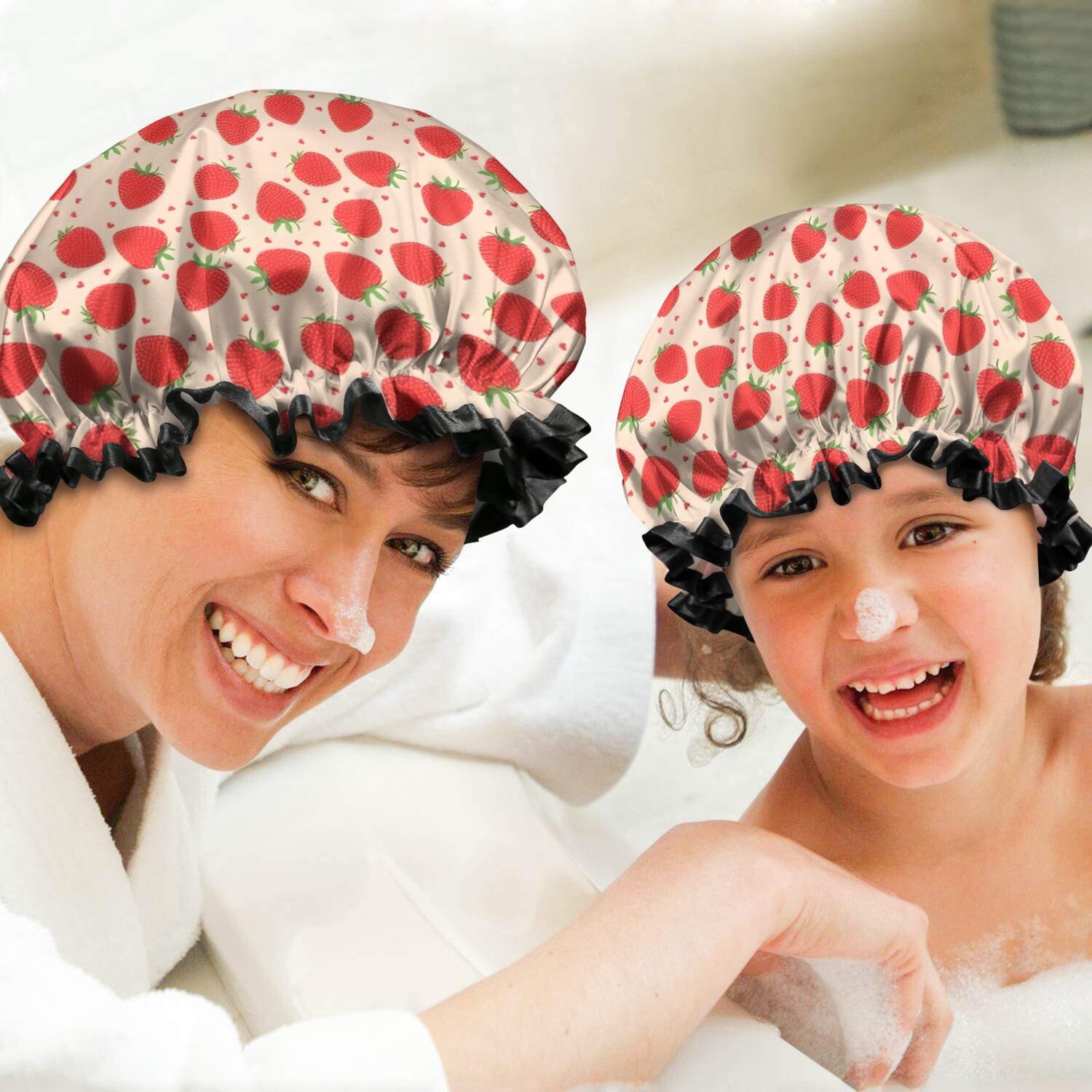 Shower Caps,Strawberry Plants Fruit Heart Waterproof Shower Cap for Women 4 Pieces,Double Reusable Hair Cover for Shower PEVA Elastic Stretch Hem