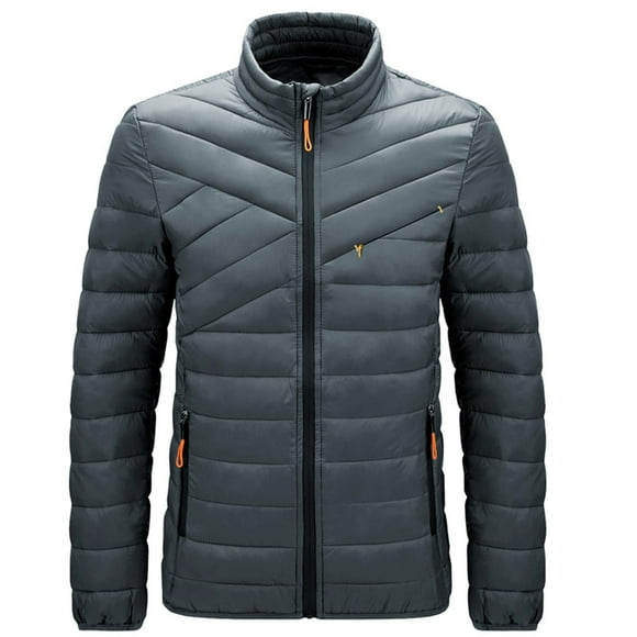 WRKEKC Mens Puffer Jacket Solid Color Zip Up Pockets Stand Collar Winter Warm Cotton Jacket Long Sleeve Outerwear for Men