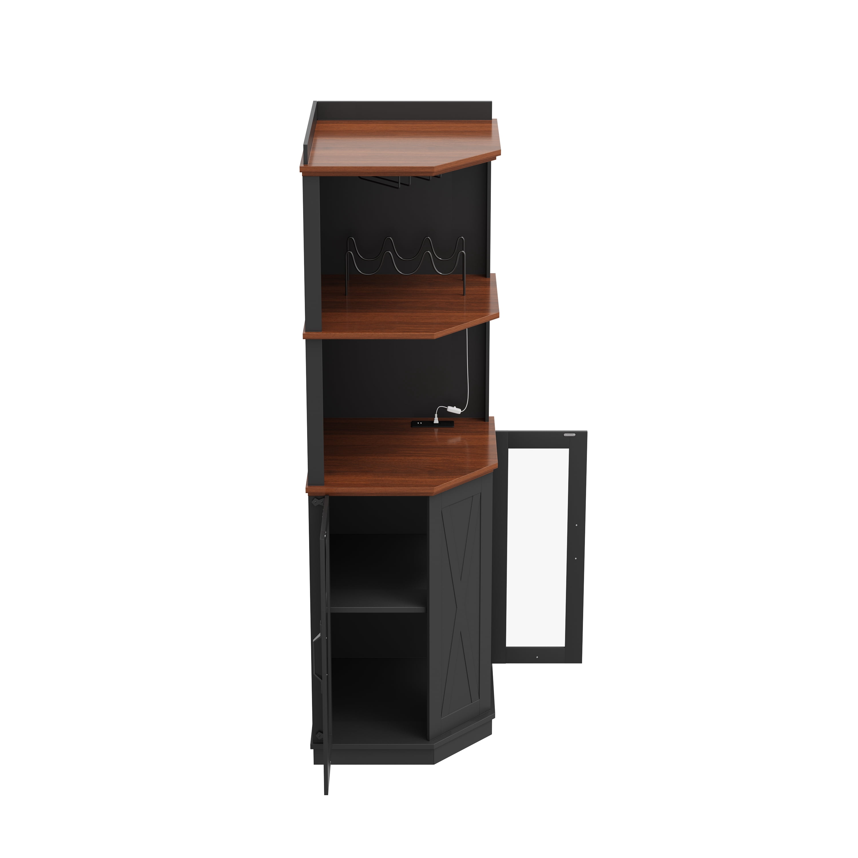 GARITIN 67.3 Inch Corner Bar Cabinet with Power Outlet, Farmhouse Wine Bar Cabinet with Adjustable Shelves, Lights & Glass Rack for Dining Room Living Room, Black