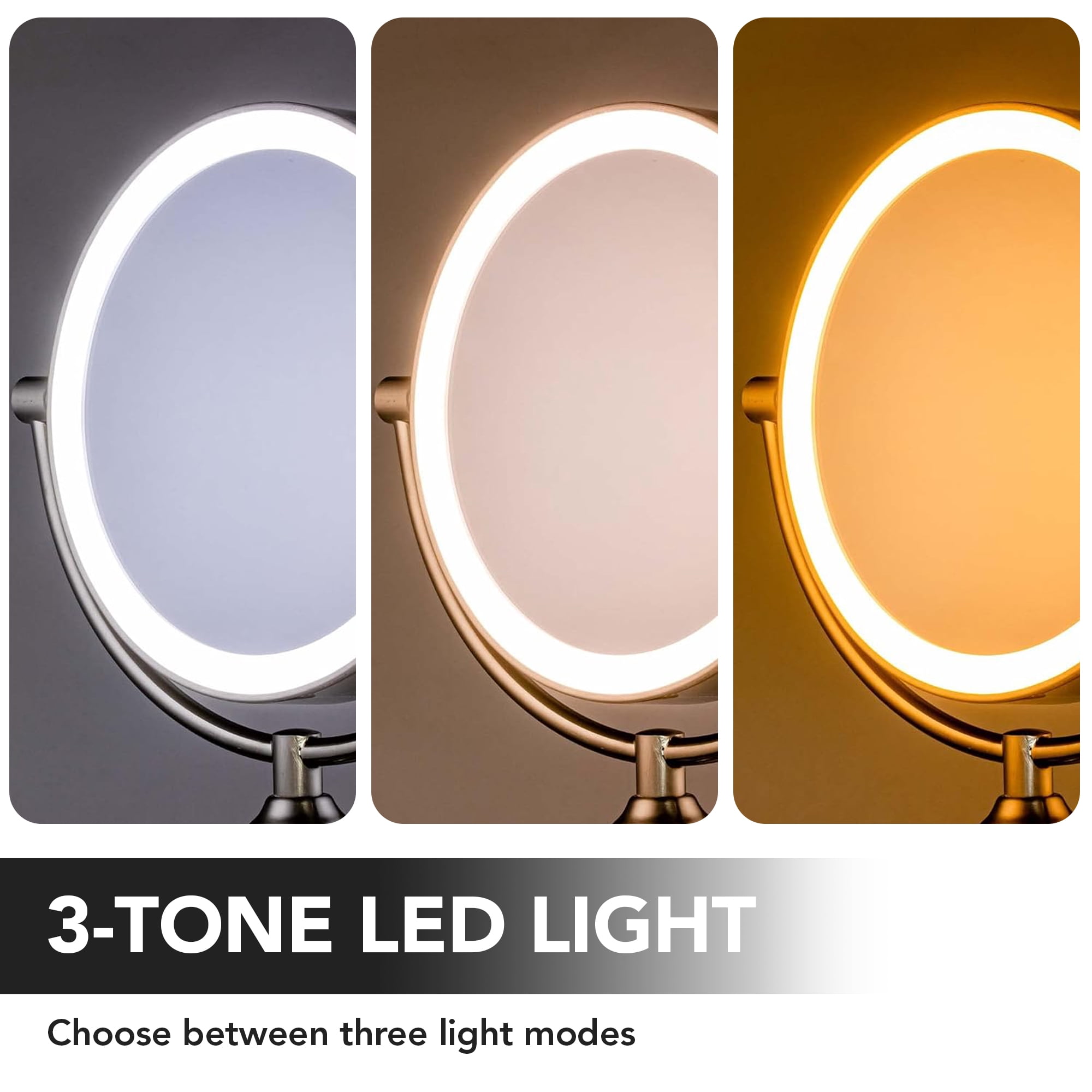 OVENTE 7.5" Lighted Tabletop Vanity Makeup Mirror, 1X & 10X Magnifier, Spinning Double Sided Round LED, 3 Tone Smart Touch, Auto Shut off Timer, Battery & AC Plug Powered, Nickel Brushed MPT75BR1X10X