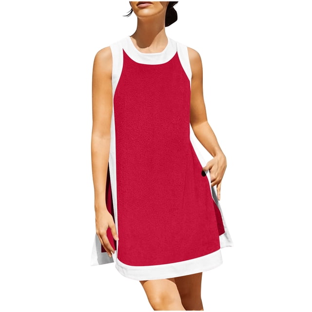 Robe d'Été à Manches Courtes pour Femmes Col Rond Col en V Solide Décontractée Mini Robe Patineuse Ensemble Deux Pièces, Jupe d'Été Courte