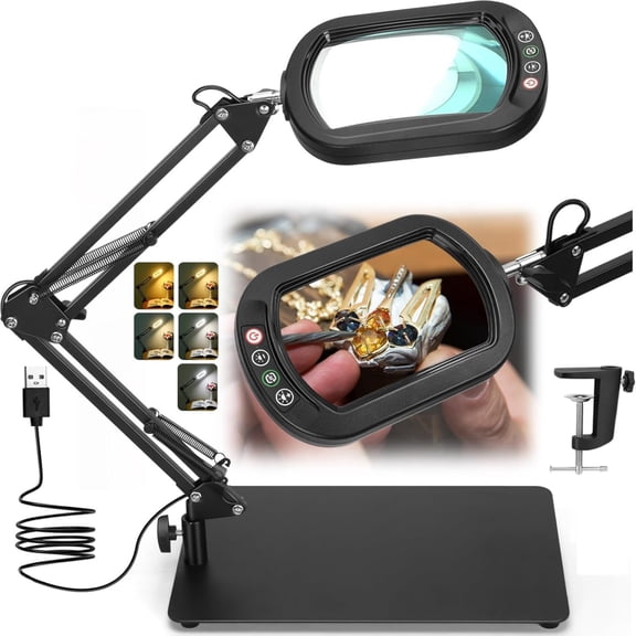 Veemagni Square Magnifying Glass with Light and Stand - Real Glass LED Magnifier with Clamp, 5 Color Modes Stepless Dimmable Hands-Free Desk Lamp for Reading Craft Hobby Close Work - Black