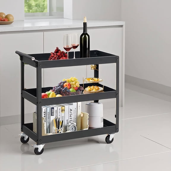 Barara King Kitchen Island, Kitchen Storage Island,3-Tier Utility Cart Metal Mental Storage Service Trolley-Black