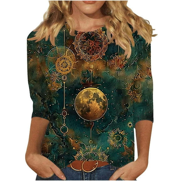 SHE IS Womens 3/4 Sleeve Tops, Women Shirts Long Sleeve 2x Fashion Tops for Women Trendy Fall Long Sleeve Shirts for Women Plus Size Dressy Vintage Shirts for Women 1970s