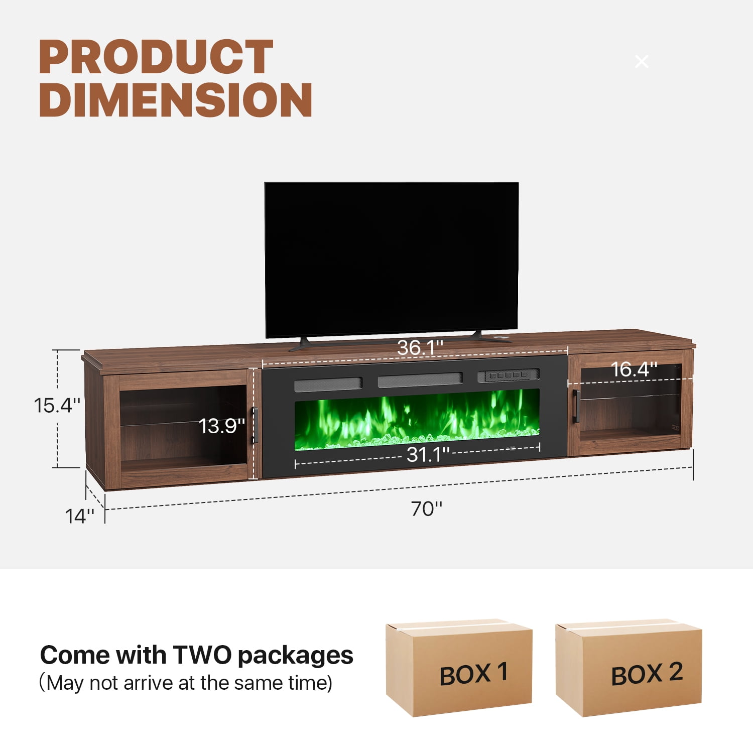 Sonegra Floating Fireplace TV Stand for TVs up 80", Wall Mounted Fireplace Entertainment Center, 70" Console Table with Electric Fireplace, Brown