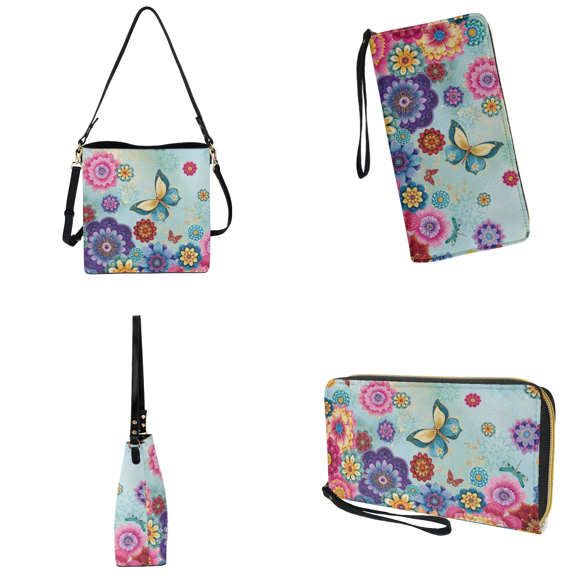ZUXONGSY Boho Mandala Butterfly Print Crossbody Handbag with Leather Wallet for Women Lady Multipurpose Bucket Bag Tote Purse Set Fashion Crossbody Hobo Bag with Wallet Set for Working