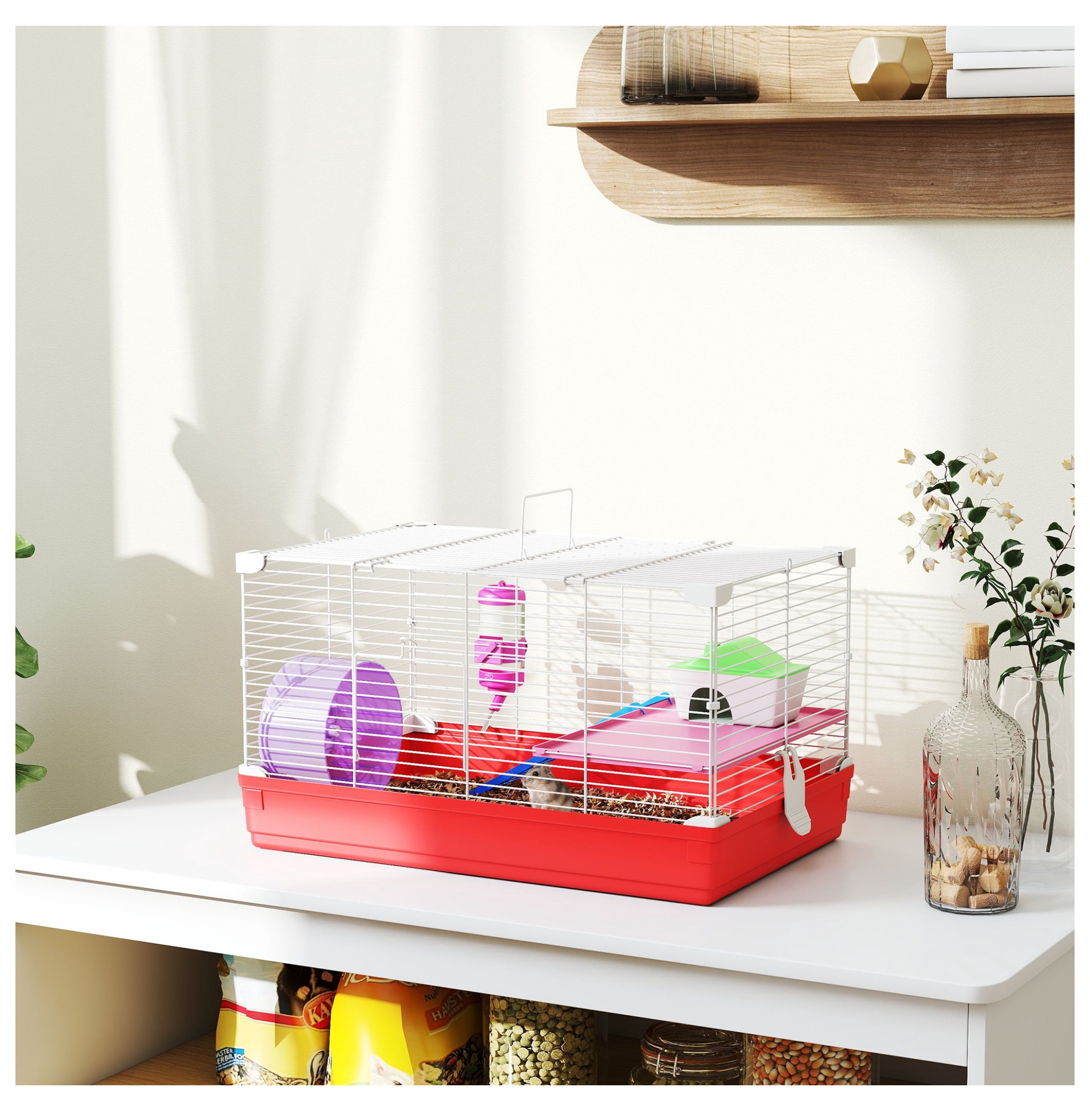 Hamster Cage 18.5", 2-Story Small Animal Habitat Kit - Wheel, Bottle, Dish, Rat House - Red