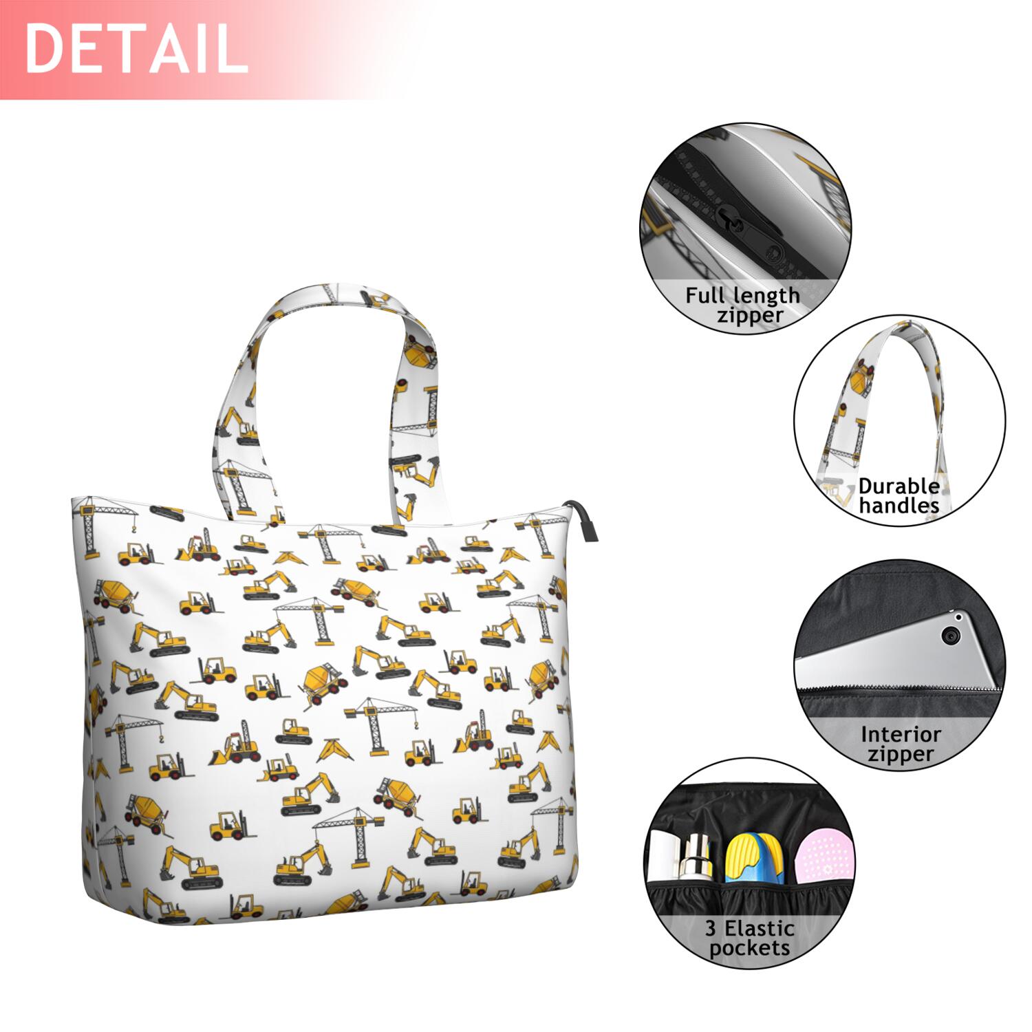 Cartoon Construction Vehicles Cranes White Pattern Travel Tote Bags for Women Carry On,Large Weekender Bags for Women Travel,Multi Functional Duffle Bag for Work,Shopping,Sports