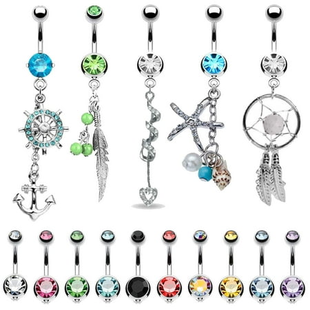 BodyJ4You 15 Belly Button Rings Dangle Barbells 14G Stainless Steel CZ Navel Body (Best Metal For Body Jewelry)