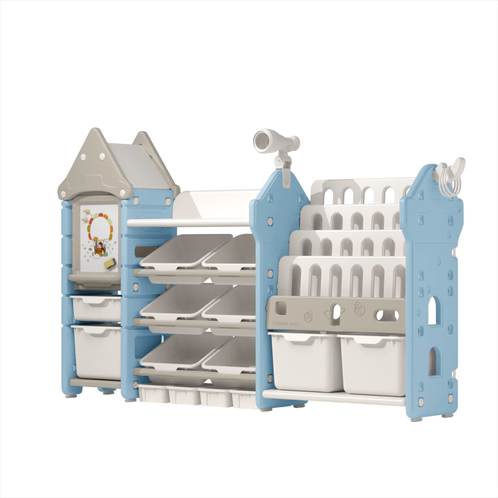 UNICOO® Kids Toy Storage Organizer and Children Bookshelf, with 14 Bins, Pull-Out Drawers Multipurpose Shelf for Toddlers to Organize Toys and Books (Magic Castle ? Blue)