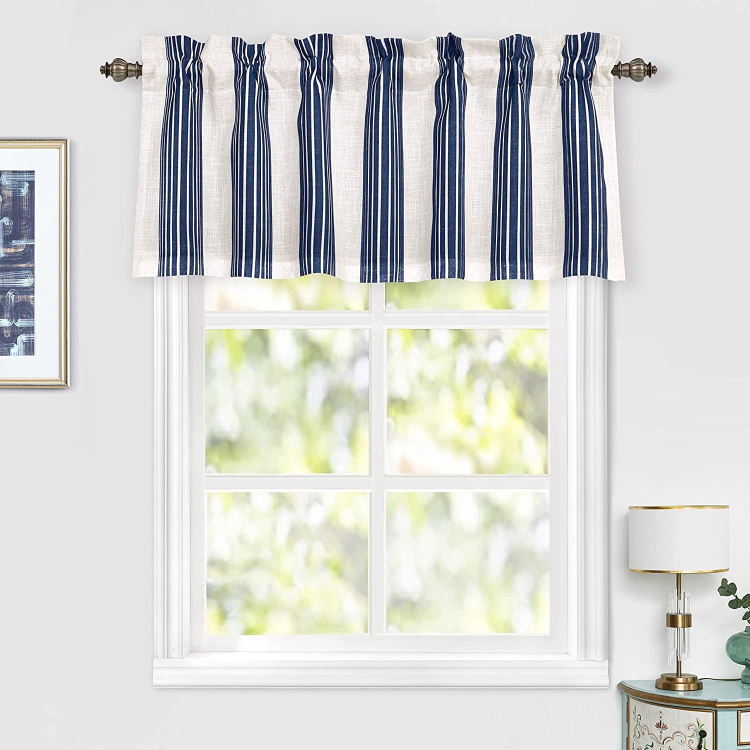 DriftAway Chris Vertical Striped Pattern Linen Textured Thermal Insulated Blackout Window Curtain Valance Rod Pocket Lined Single, 52" x 18" Plus 2" Header, Ivory Dark Blue