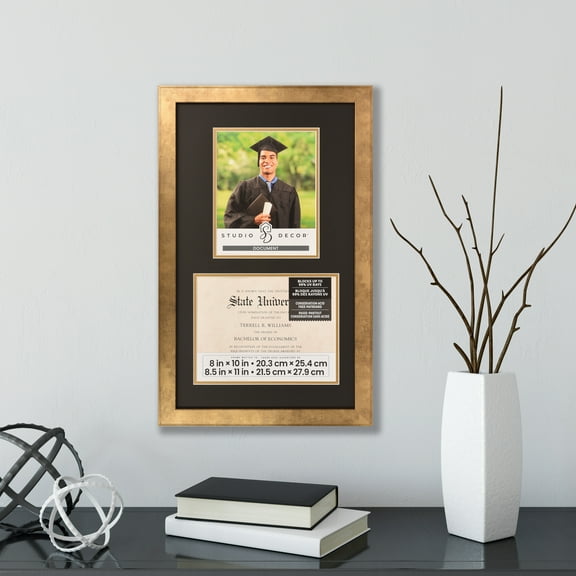 2 Opening 8.5" x 11" Gold Document Picture Frame with Double Mat by Studio Decor - Blocks up to 99% UV Rays - Display Diplomas - Certificates - & Document - 1 Pack