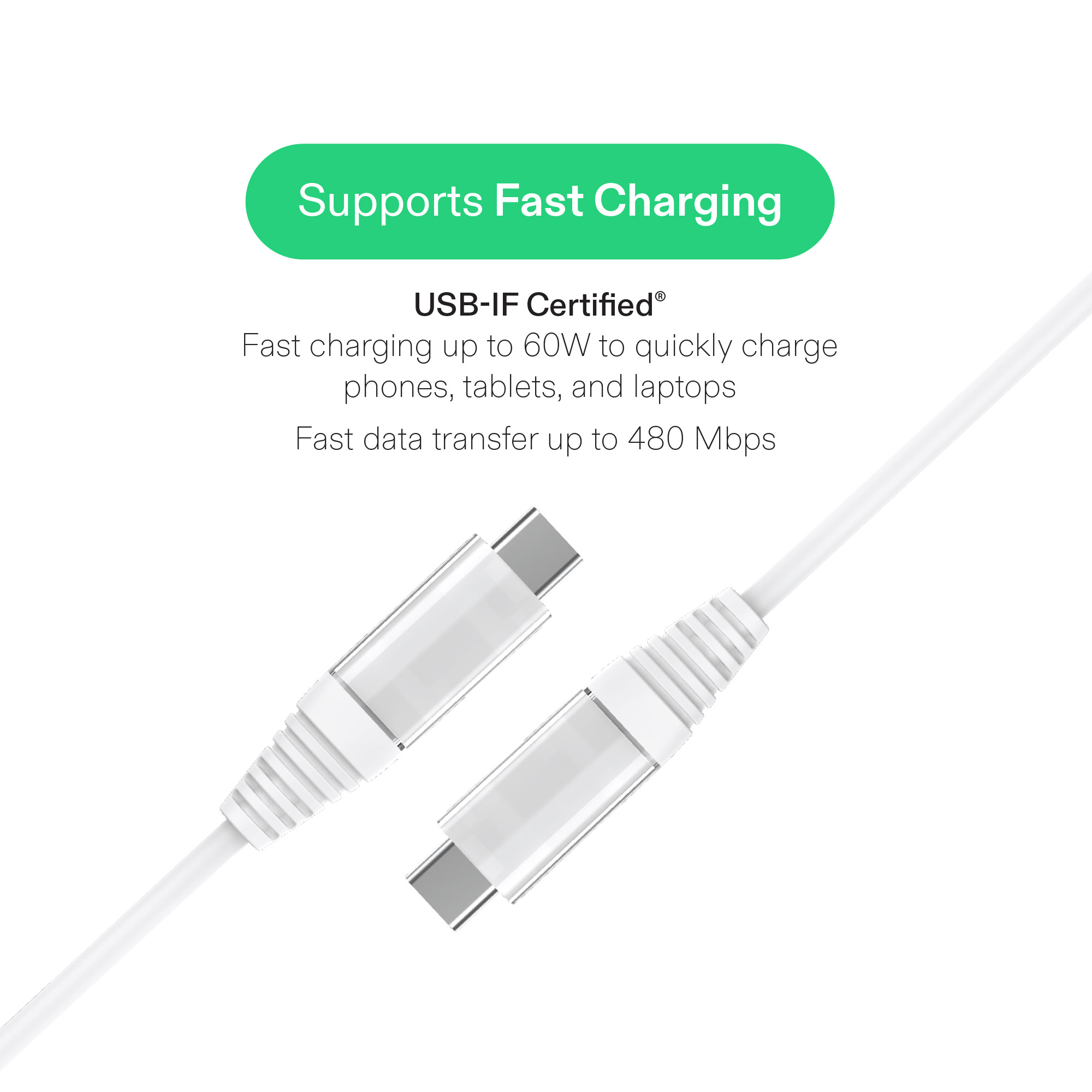 Cable de carga onn de 6 pies USB-C a USB-C, carga rápida, certificado USB-IF, compatible con iPhone 16 y 15, iPad Pro, Samsung Galaxy, Note, Pixel y más - Blanco 3