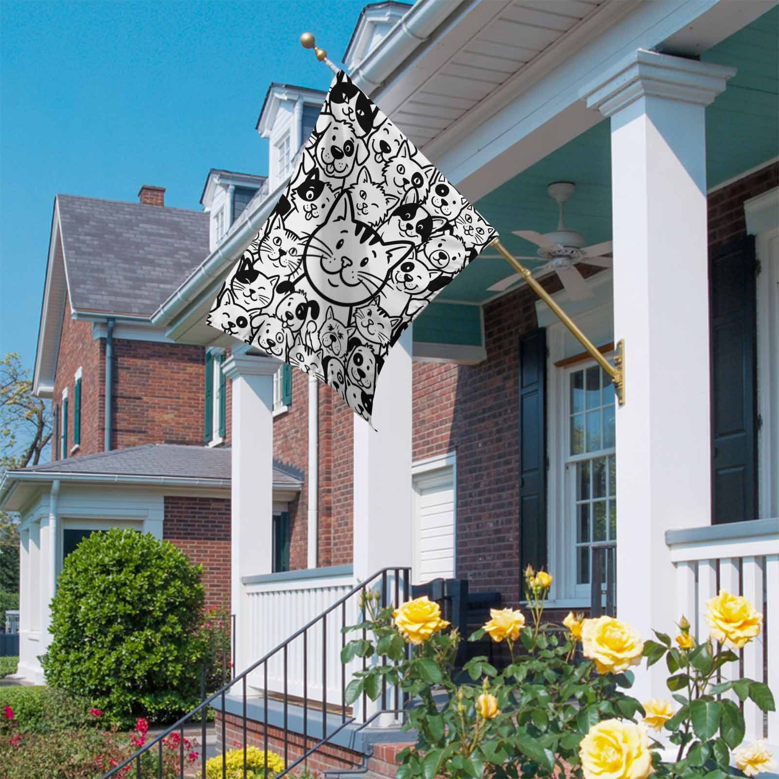 Cartoon Cat House Flag 28 x 40 Inches, Cute Dog Black White Line Animal Abstract Weather Proof Outdoor Patio Flags Double Sided Small House Decoration for Yard Lawn Outside Home