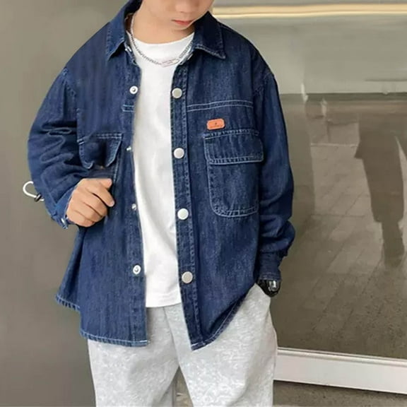 Boys Denim Shirts Button Down Blouse Long Sleeve V Neck Casual Tops with Pocket