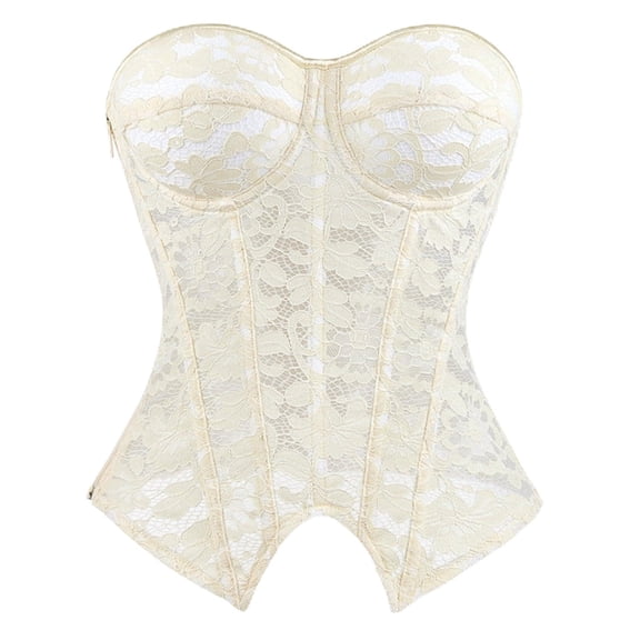 iHPH7 Women's Floral Lace Corset Top Defined Cups Overbust Bustier Side Zipper Waist Cincher Bodice for Party Beige L
