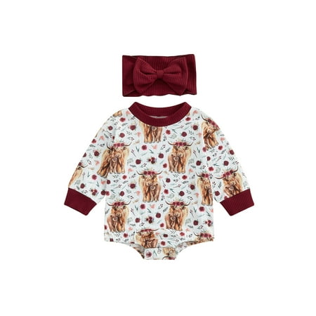 

Canrulo Newborn Baby Boys Girls Romper Long Sleeve Animals Letter Print Bodysuit with Headband Set Wine Red 3-6 Months