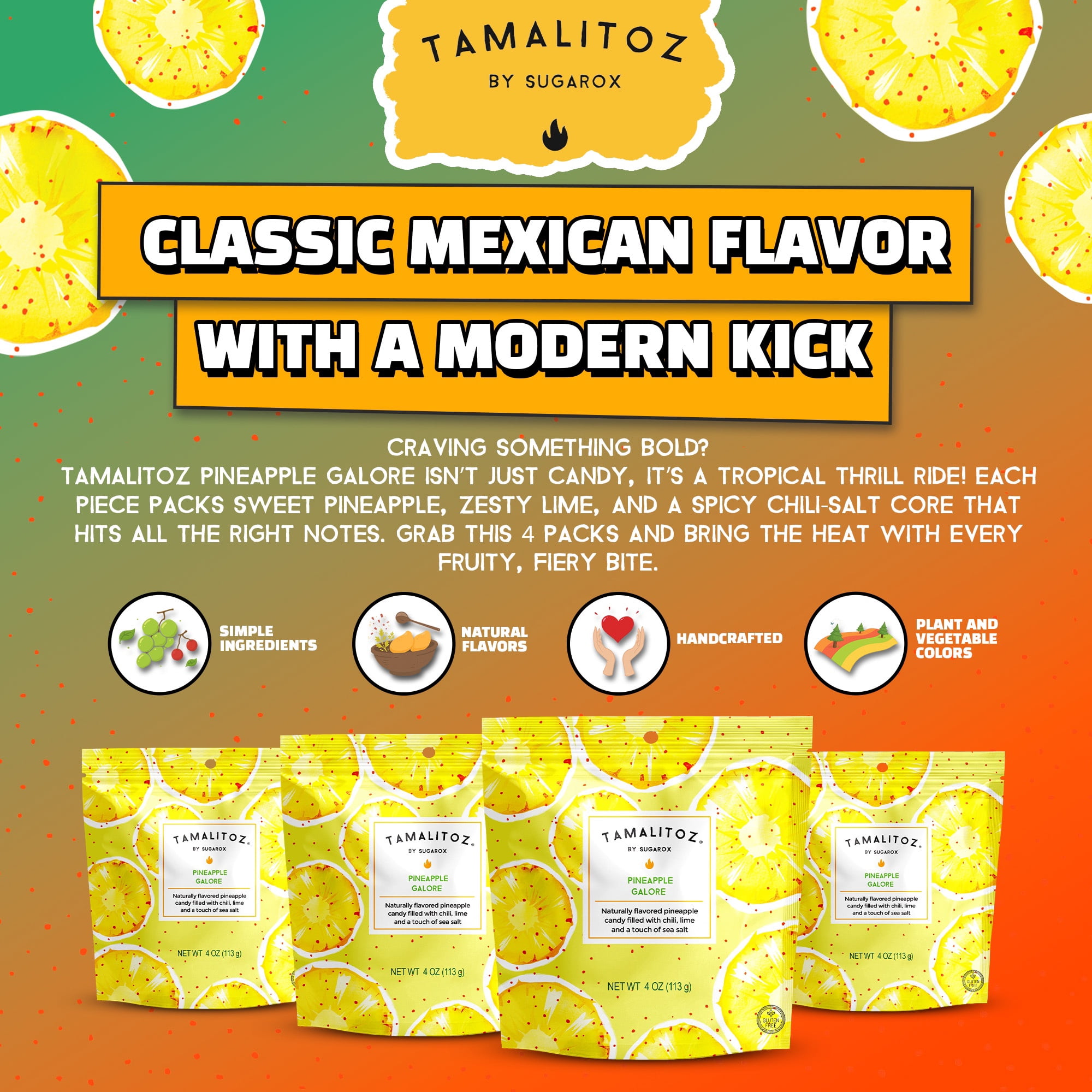 Tamalitoz Pineapple Galore – Mexican Candy Spicy Pineapple Hard Candy with Chile, Lime & Sea Salt – Handcrafted Fruity Candy, Gluten-Free, Kosher, No Artificial Colors – 4 Bags, 4oz Each