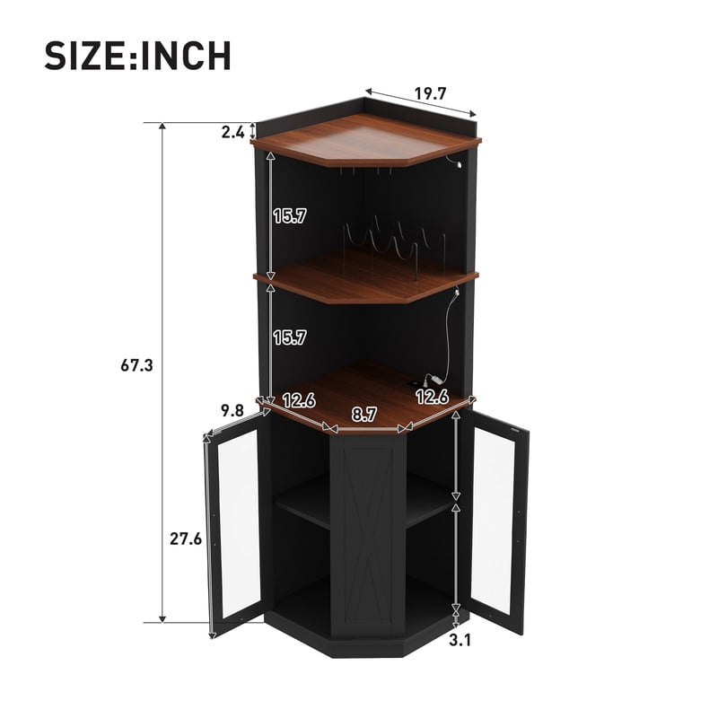 Triangular Corner Bar Cabinet with Power Outlet, Farmhouse Wine Storage Cabinet with Adjustable Shelves, LED Lights & Glass Rack