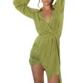 thumbnail image 3 of Txlixc Vestido de mujer, falda de cuello V de manga larga con cinturón Txlixc moda, 3 of 9