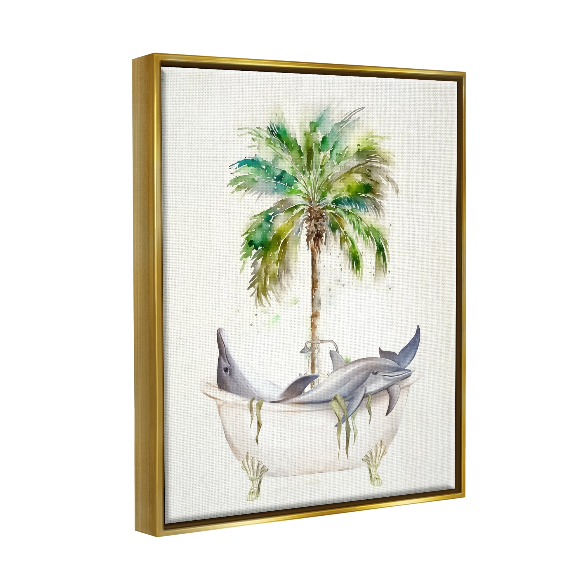 Stupell Tropical Dolphins Bathroom Tub Animals & Insects Painting Gold Floater Framed Art Print Wall Art