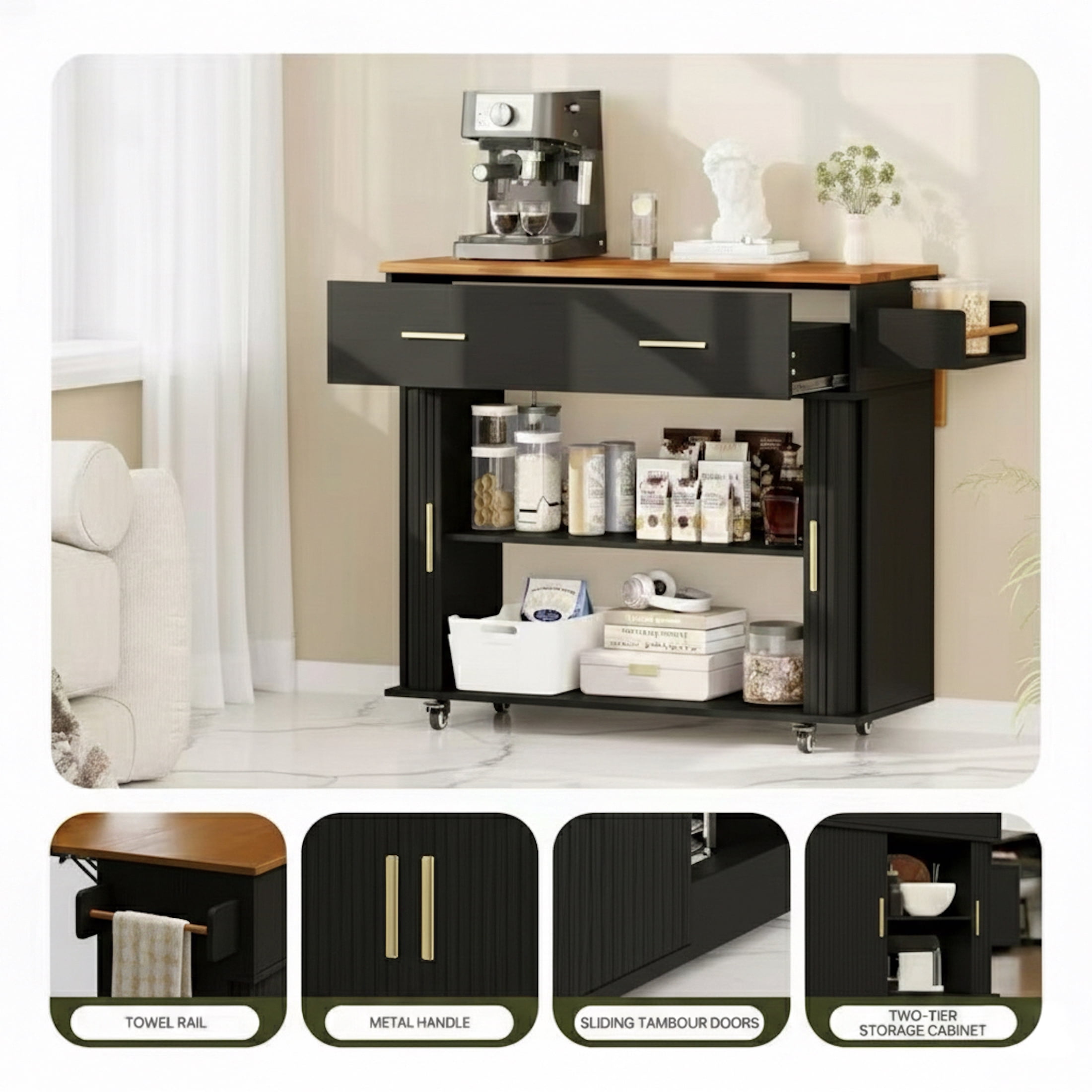 Aisword Rolling Kitchen Island with Drop Leaf Countertop, Mobile Kitchen Cart on Wheels, Sliding Door, Drawers, Spice Rack & 2-Tier Storage, Black