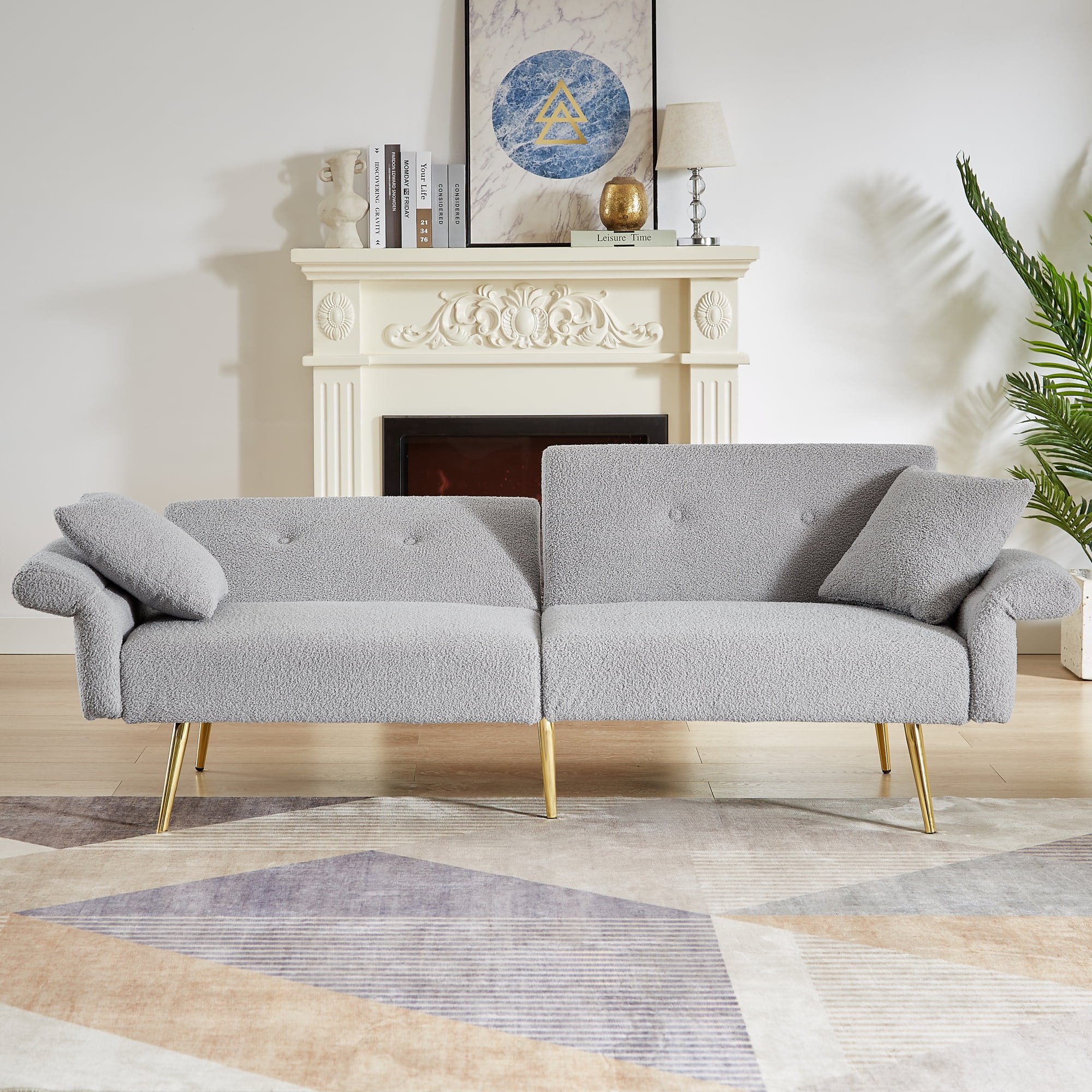 Jopath 80" Futon Sofa Bed,Teddy Upholstered Convertible Loveseat Sleeper Sofa Couch with Foldable Armrest,Adjustable Backrest and Golden Metal Legs for Living Room,Gray