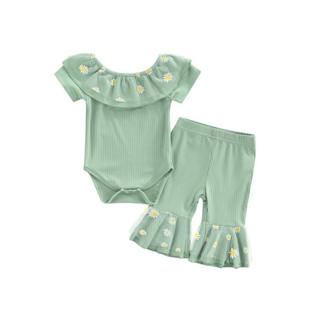 

Canrulo Newborn Infant Baby Girl Summer Outfits Daisy Print Short Sleeve Romper Top + Flared Pants 2Pcs Clothes Green 0-3 Months