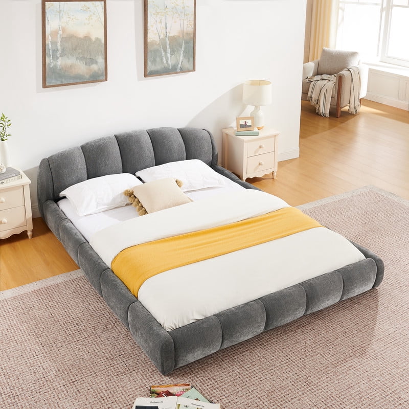 Queen/King Size Upholstered Platform Bed Frame, No Box Spring Required Low Profile Floor Bed with Padded Headboard & Footboard