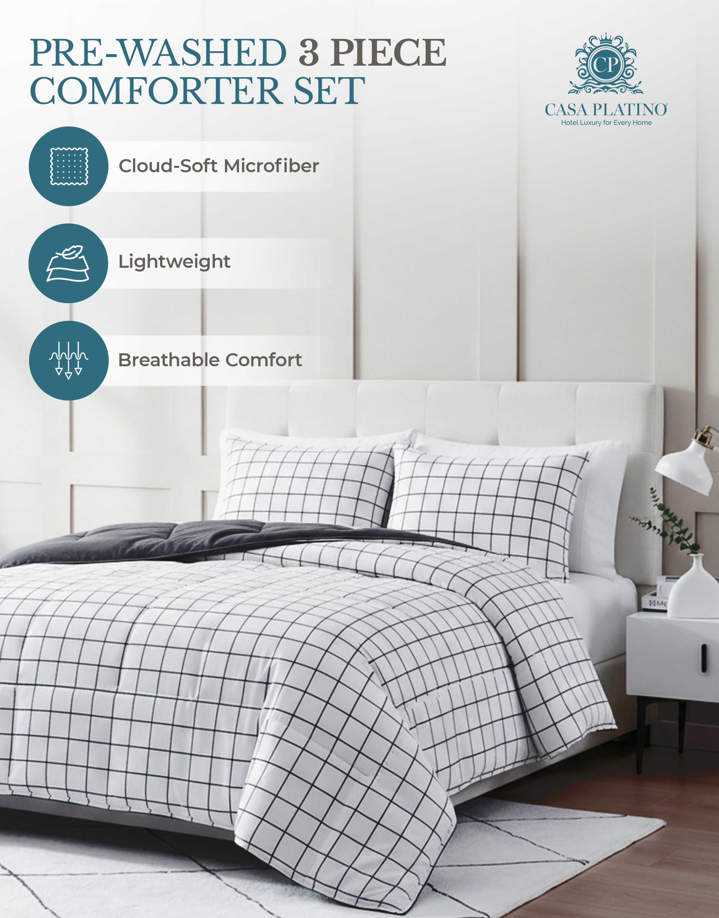 Casa Platino Comforter Set King- Fluffy Duvet Insert King Size - Pre-Washed Hydro-Brushed 100% Microfiber Comforter Set King Size - Comfy Bedding King Size Comforter Set- Windowpane Charcoal