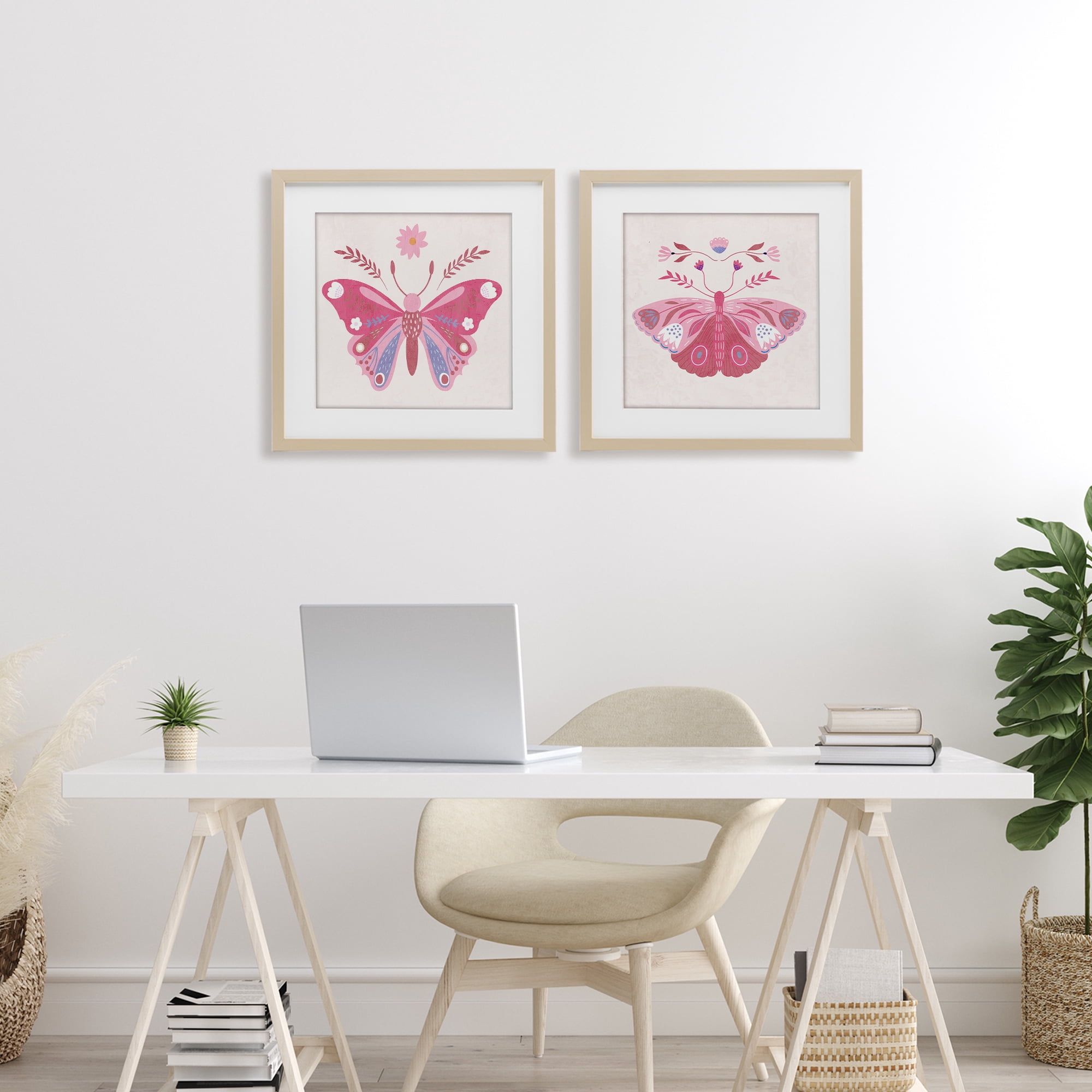 Stupell Industries Pink Folk Butterflies 2 Piece Birch Framed Print Under Glass Set, design by Kim Allen