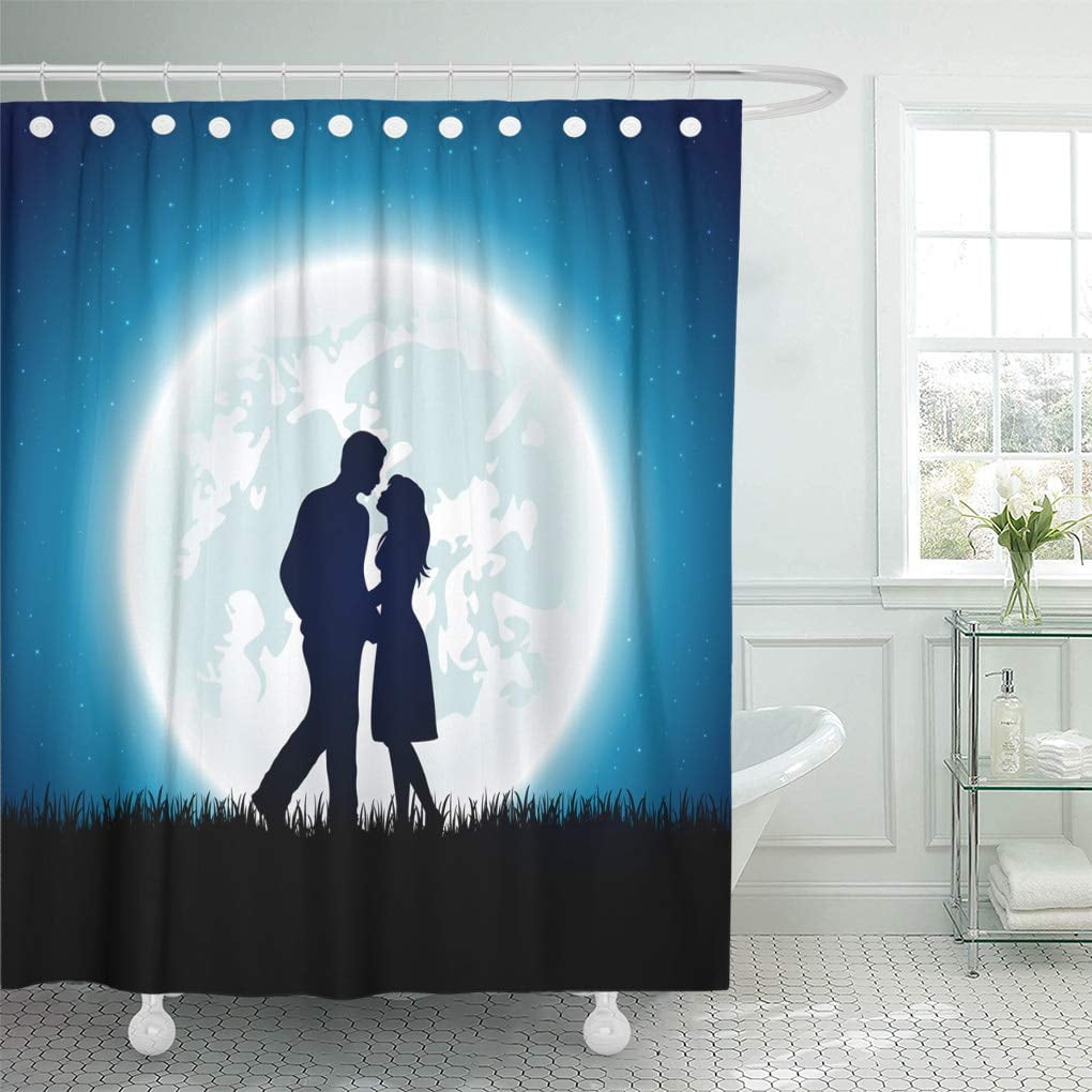 Cynlon Blue Love Enamored Couple Moon Night Sky Man Romantic Bathroom Decor Bath Shower Curtain 60x72 Inch Walmart Com Walmart Com